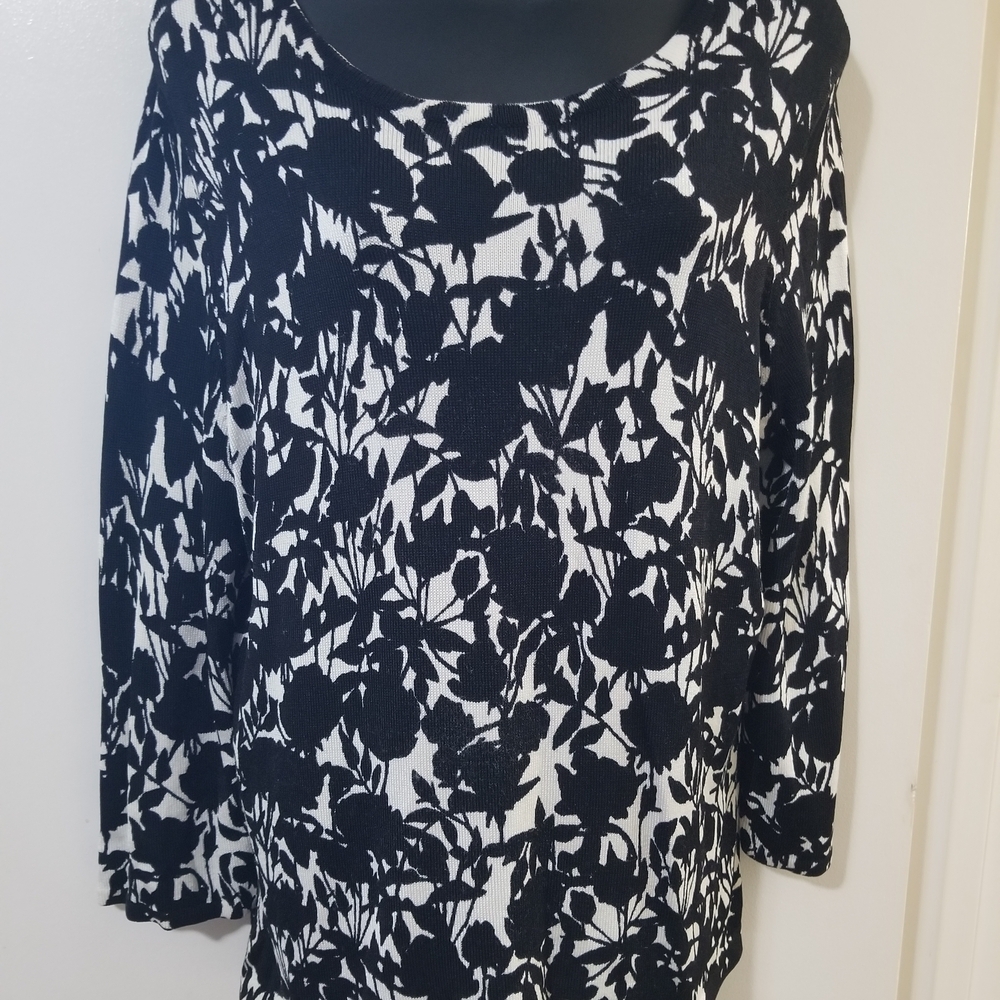 Jones New York Black White Floral Print Long Sleeve Top XL